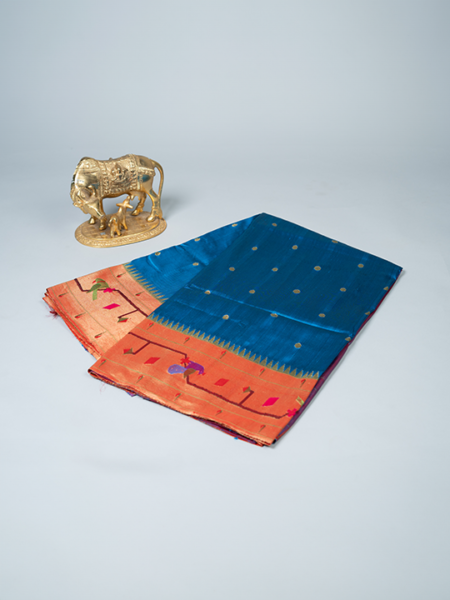 Paithani silk dark teal blue with peacock border saree