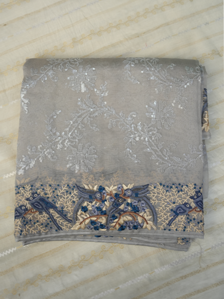 pure organza (grey) all over sequence design with thread work border ,mungat asar plain self color thread work border blouse