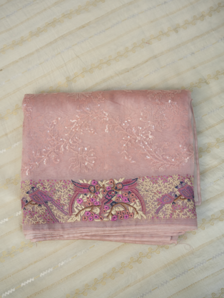 Pure organza (light pink) all over sequence design with thread work border ,mungat asar plain self color thread work border blouse