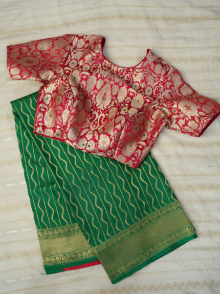Banarasi (green) poona silk gold zari contrast red color blouse with border