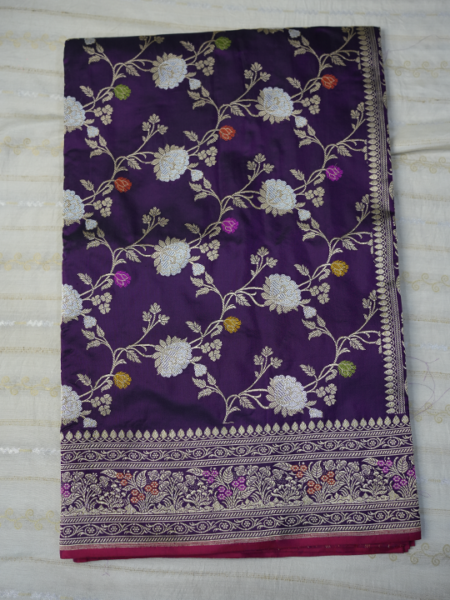 Banarasi pattu all over silver,gold zari minakari(wine), straight lines blouse (wine)