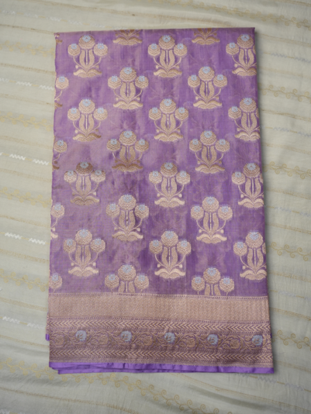 Banarasi tissue all over gold,silver zari with gold border(lavender), plain tissue blouse with border(lavender)